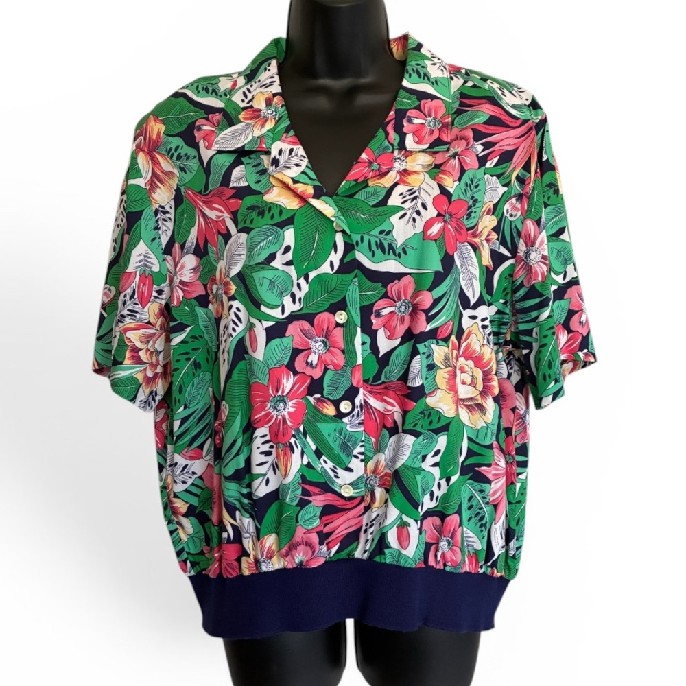 Vintage NWT Floral Short-Sleeve Camp Shirt in Green and Pink Size 20W